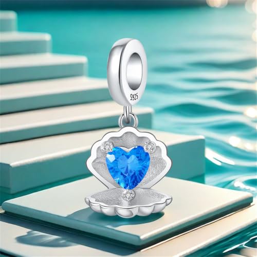 925 Sterling Silver Charms Bead for Bracelets Necklaces, Star Moon Crescent Sun Solar Pendent, Blue Ocean Starfish Shells Turtle Crab Starry Sea Cute Jewelry Birthday Gifts for Women Men - style: Heart-shaped seashell charms