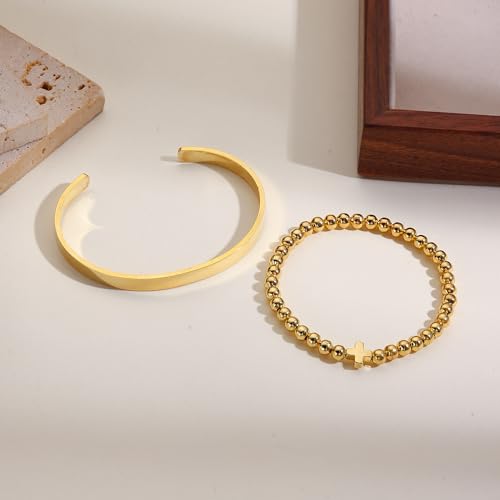 Gold Bangle Bracelets for Women Non Tarnish, 18k Gold Bracelet Stack Layered Chunky Cuff Bracelet Knot Cross Bowknot Bracelets Trendy Jewelry Set for Women Gifts - color: S05