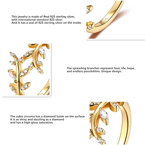 Olive Branch Ring for Women 925 Sterling Silver 14K Gold plated thin Paved CZ Cubic Zirconia Thumb Pinky Wrap Around leaf Ring Promise Stackbale Band Size 5-10 - color: 14K Gold