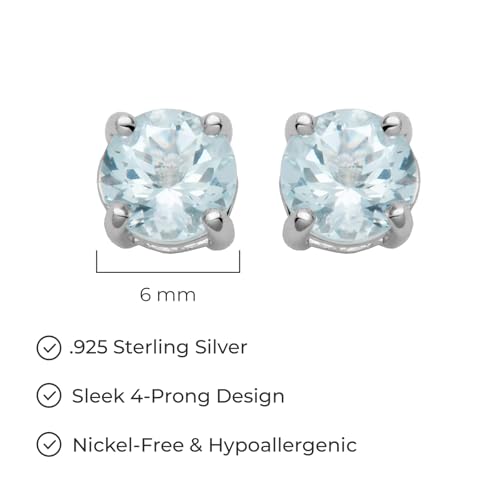 Amazon Essentials Sterling Silver Round Birthstone Stud Earrings - color: Blue Aquamarine, March