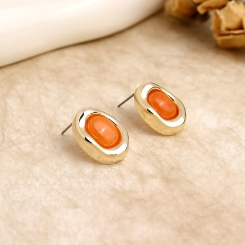 Jean Beau Chunky Gold Stone Stud Earrings for Women, Trendy Natural Gemstone Hypoallergenic Earing Valentine Jewelry Gift - color: Tangerine
