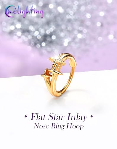 Melighting 20G Gold Nose Ring Hoop Stainless Steel 316L, 8 mm Star Nose Piercing Jewelry Silver Clicker, Beach Party Cartilage Lobe Earring for Daily Wear Women - color: Gold