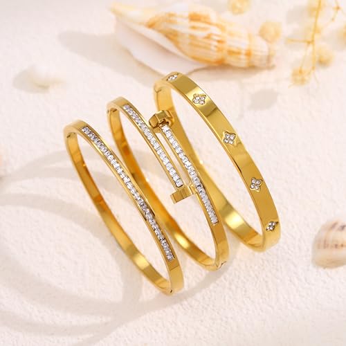 Gold Bangle Bracelets for Women, 18K Gold Plated Stainless Steel Stackable Bangles, Non-Tarnish Trendy Jewelry, Ideal Gift for Birthday Anniversary - color: Gold-1