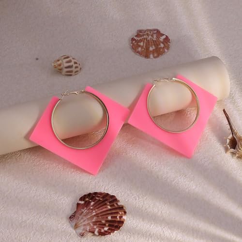 Colorful Large Hoop Earrings for Women Big Square Hollow Hoops Dangle Earrings Trendy Chunky Geometric Square Earring 80s 90s Neon Hoop Dangle Earrings - color: pink