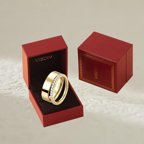 2 Pack Sterling Silver Eternity Ring & Gold Band for Women, 2mm CZ Stackable Wedding Engagement Promise Rings, Simple 5mm Plated Band, Size 5-10, Gift Jewelry Set - color: Gold, size: 5