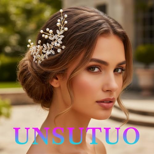 Unsutuo Bridal Crystal Headband Gold Rhinestone Hair Vine Pearls Wedding Accessories for Women and Girls(Gold) - color: Gold
