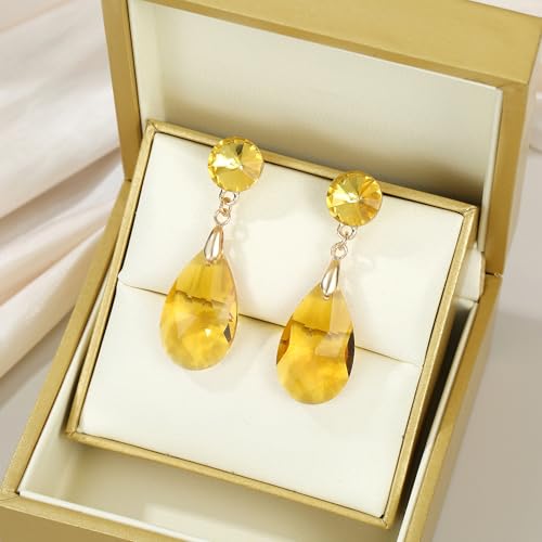 Round and Teardrop Crystal Stud Dangle Earrings Hypoallergenic Gold Plated Birthstone Drop Earrings Trendy Evening Prom Pageant Jewelry Gift for Women - color: yellow