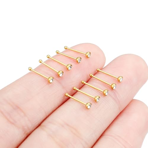 Hoeudjo Nose Studs Surgical Steel Cubic Zirconia Nose Rings Kit for Women Men Tiny Nose Stud Bone & Screw & L Shaped Nostril Piercing Jewelry 18/20/22/24 Gauge 10 Pieces - color: gold-tone,nose bone studs, size: 24g/2mm clear CZ