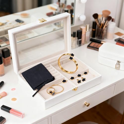 Lucky Flower Alloy Jewelry, Lucky Flower Design Necklace Earrings Bracelet Bangle Ring Jewelry Set, Clover Gold Plated Chain Wrap Ornament & Plush Pouch for Women - color: Black