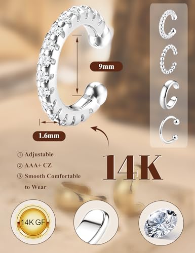 4Pairs 14K Gold Plated Ear Cuff Earrings for Women Non Piercing Jewelry | Hypoallergenic Earring Cuff for Sensitive Ears 14K Gold Silver Plated Non Tarnish Clip On Cartilage Fake Earring Set Trendy - color: Silver Plated Tone