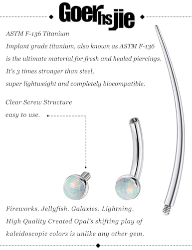 F136 Titanium 16g 6/8/10mm Opal Eyebrow/Rook/Snug/Vertical-Labret/VCH/Snake-Eyes/Anti-Tragus/Christina/Daith/Belly-Button/Bridge/Hood/Surface Curved Barbell Piercing Jewelry for Women Men - color: White, size: 6mm=1/4in