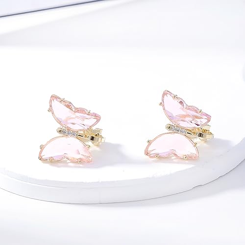 YOQUCOL Butterfly Shape Crystal Clip On Earrings Non Pierced Golden Stud for Women - color: Pink