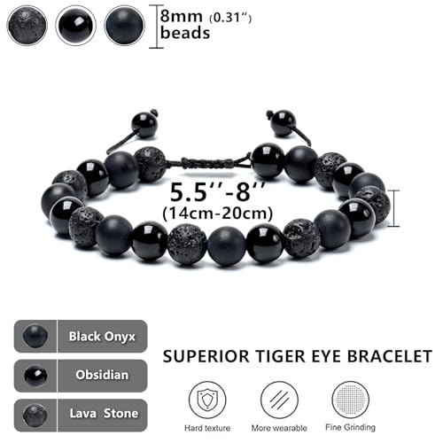 SAMXY Triple Protection Bracelet, 8mm Healing Crystal Bead Bracelet, 3pcs Blue Red Tiger's Eye Obsidian Hematite Bracelet Women Men - color: 2pcs-obsidian