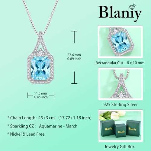 Created Gemstone Necklace 925 Sterling Silver Halo Rectangular Pendant Birthstone Necklaces Jewelry Gifts for Women - color: 03 March - Aquamarine