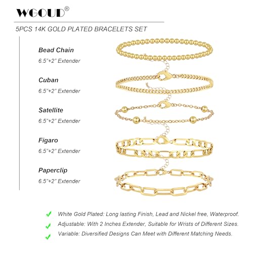 Wgoud Waterproof Gold Bracelets for Women Trendy, Dainty 14K Real Gold Plated Fashion Stackable Bracelet Sets for Women Thin Cuban Link Paperclip Chain Bracelets Layered Gold Jewelry Sets Gifts for Womens - color: 5Pcs Gold Bracelet