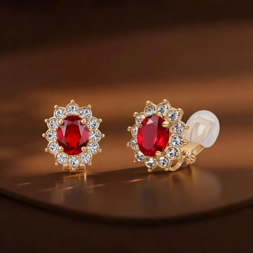 EVEVIC Oval Austrian Crystal Halo Clip On Earrings for Women | Oval Austrian Crystal with Zircon Halo,14K Gold-Plated,Silicone Comfort Pad,Gift Box Included,For Daily and Evening Events - color: Red