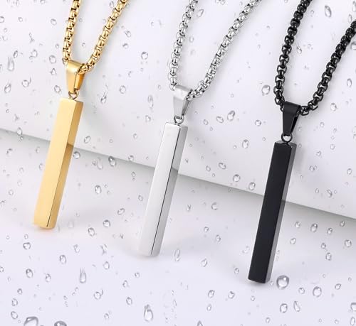 Fiusem Pendant Necklace for Men, Stainless Steel Bar Chain | Silver Tone/14k Gold Plated/Black Mens Pendant Necklaces with 2.5mm Box Chain, Jewelry Gifts 18-28 Inch - color: silver, size: 20 Inches, style: Melon Clasp Rectangle