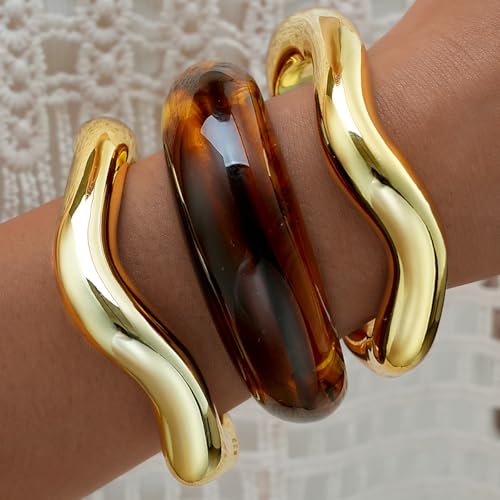 3Pcs Chunky Resin Bangles Bracelets Set for Women Irregular Wavy Acrylic Cuff Bracelets Geometric Fashions Wide Thick Statement Stacking Bangle Set Trendy Jewelry Accessary - color: Brown2