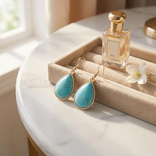 Turquoise Earrings for Women,Small Dangle Earrings,Boho Turquoise Earring with Teardrop Dangle Western Accessories - color: Gold