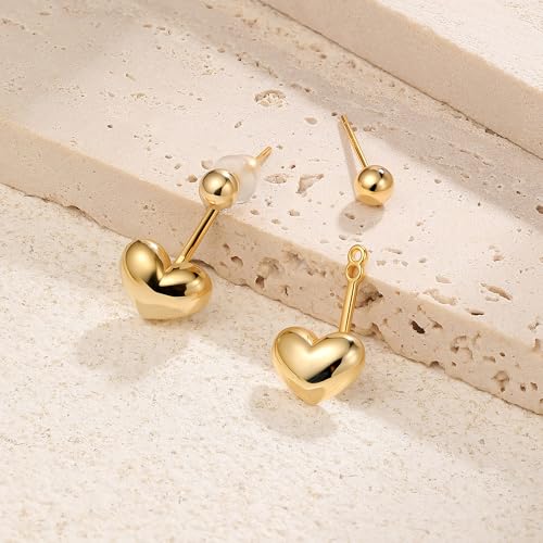 Simple Cute Small Heart Drop Dangle Earrings for Women | 925 Sterling Silver Post, 14K Gold or Silver Plated, Mini Ball Stud Ear Jacket Earrings, Hypoallergenic Heart Earrings - color: Gold