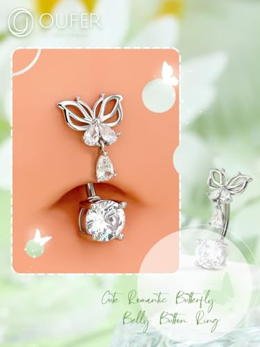 OUFER Belly Button Rings, Butterfly Belly Rings, 316L Surgical Steel Navel Rings, Clear CZ Belly Piercing Jewelry, Dangle Belly Rings For Women Men