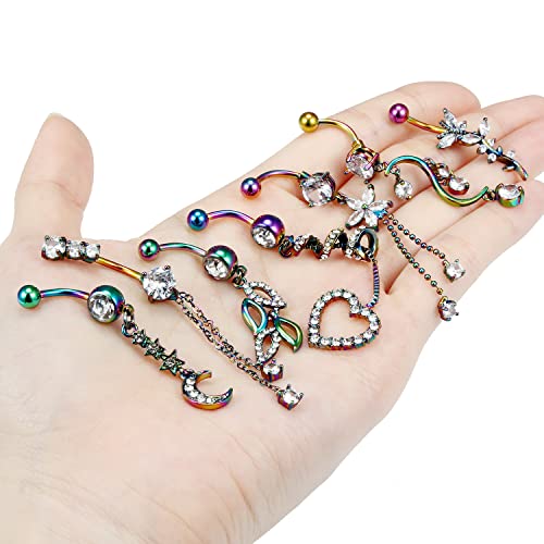 7PCS 14G 10mm Stainless Steel Dangle Belly Button Rings for Women Belly Piercing CZ Inlaid - style: Rainbrow