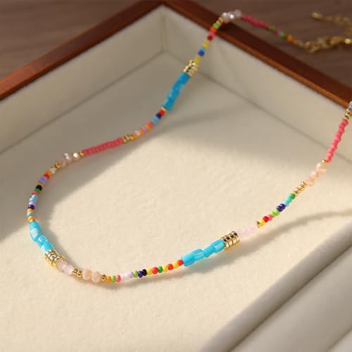 Gold Seed Beaded Necklaces for Women, Boho Handmade Adjustable Colorful Beads Choker Summer Beach Jewelry Gift. - color: Blue Pink