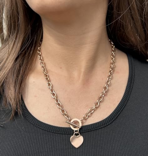 WangGao Elegent Love Stainless Steel Link Chain Blank Heart Charms Necklace for Women Toggle Clasp Closure - color: Rose Gold, size: 19.6inches