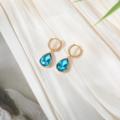 Crystals Teardrop Dangle Drop Earrings, 18K Gold Plated Hoop Earrings Zirconia Jewelry for Women Gifts - color: Blue