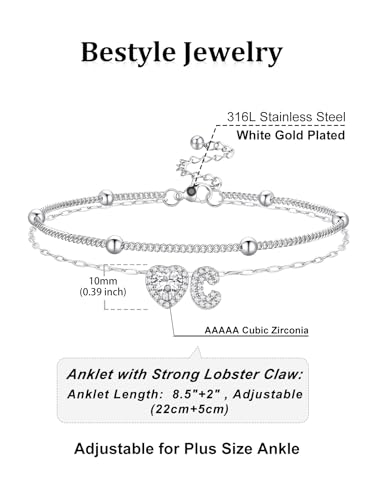 Bestyle Initial Anklet Bracelets for Women Waterproof Non Tarnish 14K Gold/White Gold Plated CZ Anklets for Women Dainty Layered Letter Heart Ankle Bracelets Adjustable Foot Chain Anklet - color: C