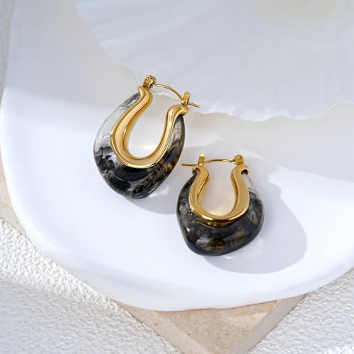 Enamel Hoop Earring for Women 18k Gold Plated Chunky Two-Tone U/C Shaped Earring Enamel Jewelry Gift for Wife Girlfriend - color: Black 1