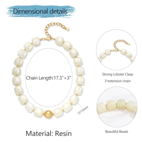 Chunky Colorful Beaded Choker Necklace for Women, Summer Beach Statement Resin Beads Necklace, Trendy Womens Summer Beach Jewelry Birthday Gifts for Vacation Holiday - color: Square White Bead