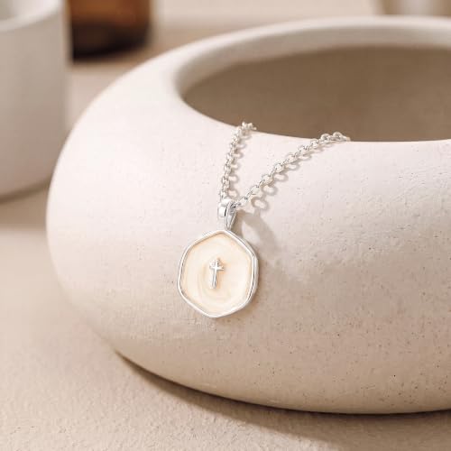 14K Gold/Silver Plated Cross Necklace for Women White Enamel Pendant | Unique Brass Irregular Disc Cross, Dainty Minimalist Faith Jewelry for Everyday Wear, Comes in a Beautiful Box - style: silver style2