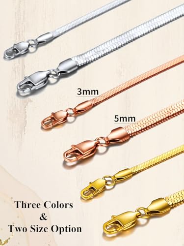 ChainsHouse Flat Snake Chain Herringbone Choker Necklace for Women, Stainless Steel/Rose Gold/18K Gold Plated Dainty Adjustable Simple Short Layered Necklaces, 12"/15"/18" with 3.5" Extender - color: b. layered-3mm+5mm-silver