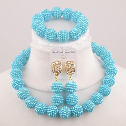 Nigerian Wedding African Beads Jewelry Set Women Simulated Pearl Necklace and Earrings - color: Lake Blue