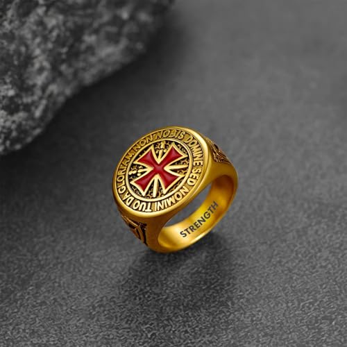 FaithHeart Mens Stainless Steel Crusader Jerusalem Cross Ring with 18K Gold Plated Two Tone Ring Size 7,8,9,10,11,12 - color: 06. Crusader Cross-Gold(Custom)