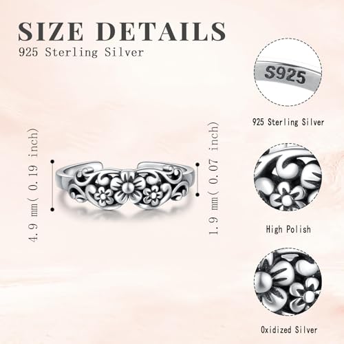 925 Sterling Silver Toe Ring Adjustable Butterfly Filigree Boho Ocean Wave Summer Jewelry for Women - style: Flower