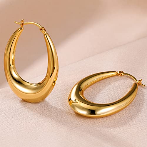 PABBEU Chunky Silver Hoops Earrings for Women Hypoallergenic | Lightweight 925 Sterling Silver Oval Hoop Earring, Sterling Silver Thick Hoop Earrings for Women Gift 25/28/30/38/40mm - color: 40mm Gold