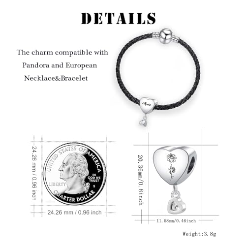 Birth Flower Heart Charm 12 Birthstone Bead for European Bracelet Necklace - style: April