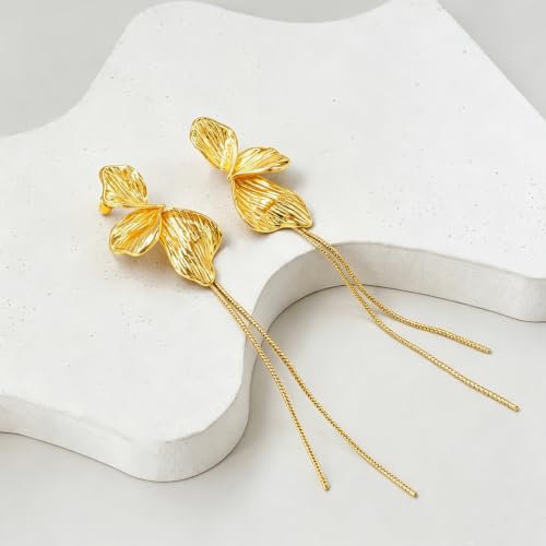 OGD Chunky Gold Statement Earrings For Women Trendy Gold Plated Sectored Flower Leaf Angel Wing Earrings Large Stud Jewlery Hypoallergenic - color: Flower Tassel-Gold