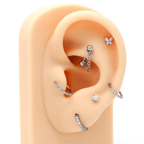 3 Pcs 316L Stainless Steel 16G Tragus Helix Rook Piercing Jewelry with Chain, Cartilage Earrings for Women, Belly Button Ring Vertical Labret Lip Piercing Jewelry - color: Silver, size: Ball