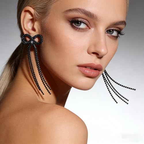 Rhinestone Earrings Dangling for Women Sparkly Silver Dangle Earrings Girls Long Chandelier Earrings Tassel Lightweight Ear Studs Cubic Zirconia (KE001S-W) - color: Bow 516286BK Coating Black
