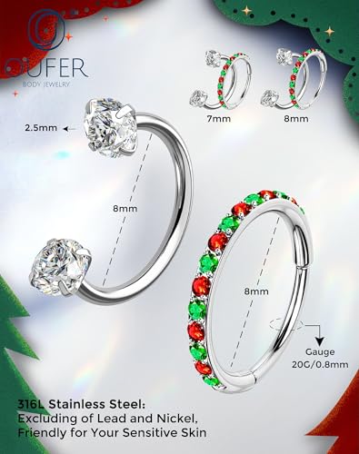 OUFER 2PCS Nose Rings Hoops, 20g Double Gem Horseshoe Threadless Nose Rings for Women, Septum Clicker Daith Tragus Helix Rook Eyebrow Lip Piercing Jewelry - color: Silver Xmas