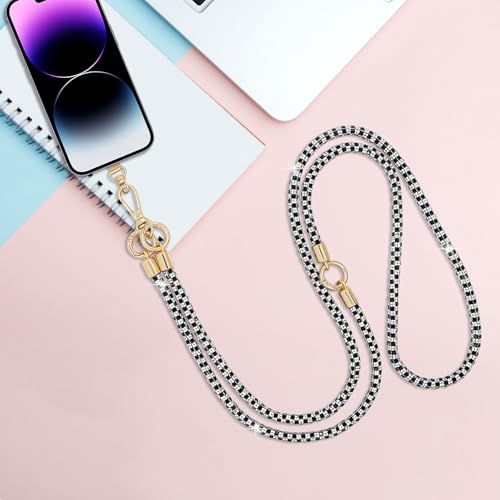 Phone Lanyard Crystal Phone Strap Crossbody, Black White | Crystal Phone Strap Crossbody Rhinestone Anti Theft Layered Strap Crossbody Cell Phone Neck for Women - color: Black White