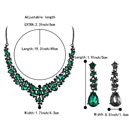 Women's Wedding Statement Necklace Dangle Earring Jewelry | Austrian Crystal Teardrop Cluster,Necklaces Earrings Set for Bride Bridesmaid,Prom Accessories - color: 18-Emerald Color Black-Tone