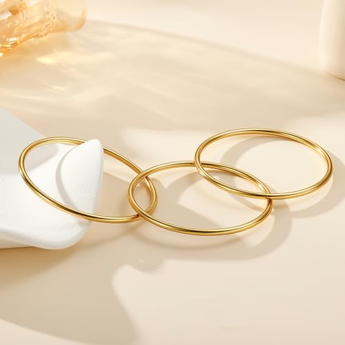 Awinesn 18K Gold Plated Bangles for Women Stainless Steel Glossy Stackable Thin Round Bracelets Solid Plain Polished Bangles Bracelets Set of 3 Jewelry for Women - size: 8.5 inches, style: round-3-G