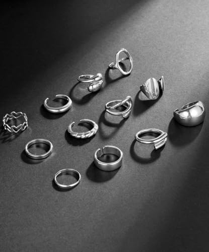 12Pcs Gold Chunky Rings 18K Gold Plated Stackable Open Knuckle Ring Set Hollow Heart Twist Croissant Dome Band Statement Finger Rings for Women Gold Silver Tone Adjustable - color: B-Sliver