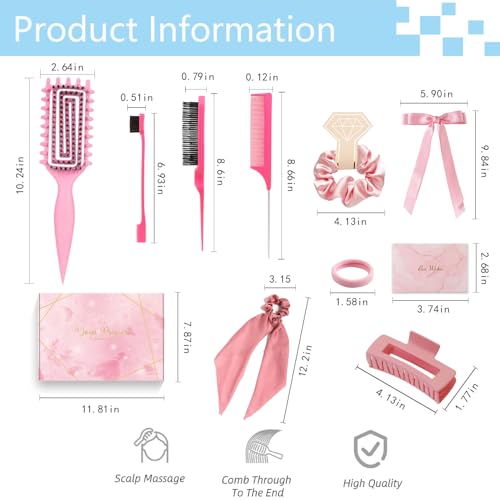 Curly Hair Brush,Curl Defining Brush,Slick Back Hair Brush,Rat Tail Comb,Edge Bristle Brush,Clip Claw,Bow,Satin Scrunchies,No Damage Hair Ties,Scarf Hair Ties,Gifts For Women,Best Gift Set(Pink) - color: Exquisite gift box(Pink)