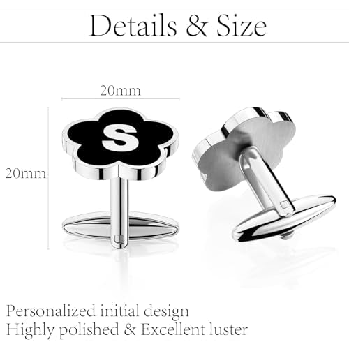 Initial Cufflinks for Men, Black Silver Letter Personalized Shirts CuffLinks,Stainless Steel Cuff Links,Gifts for Wedding Party Business Valentine - style: Letter V