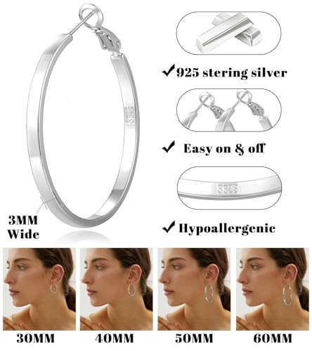 Lightweight 925 Sterling Silver Post Hoop Earrings for Women | 3mm Wide Hypoallergenic Thin Large Hoop Earrings for Women Gift 30/40/50/60mm - size: 30mm Silver